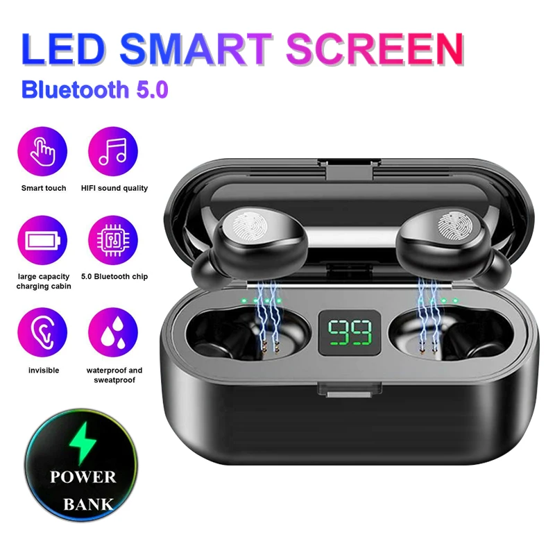 TWS 5 0 Bluetooth 9D стерео наушники беспроводные IPX7 водонепроницаемые 2000 мАч LED смарт