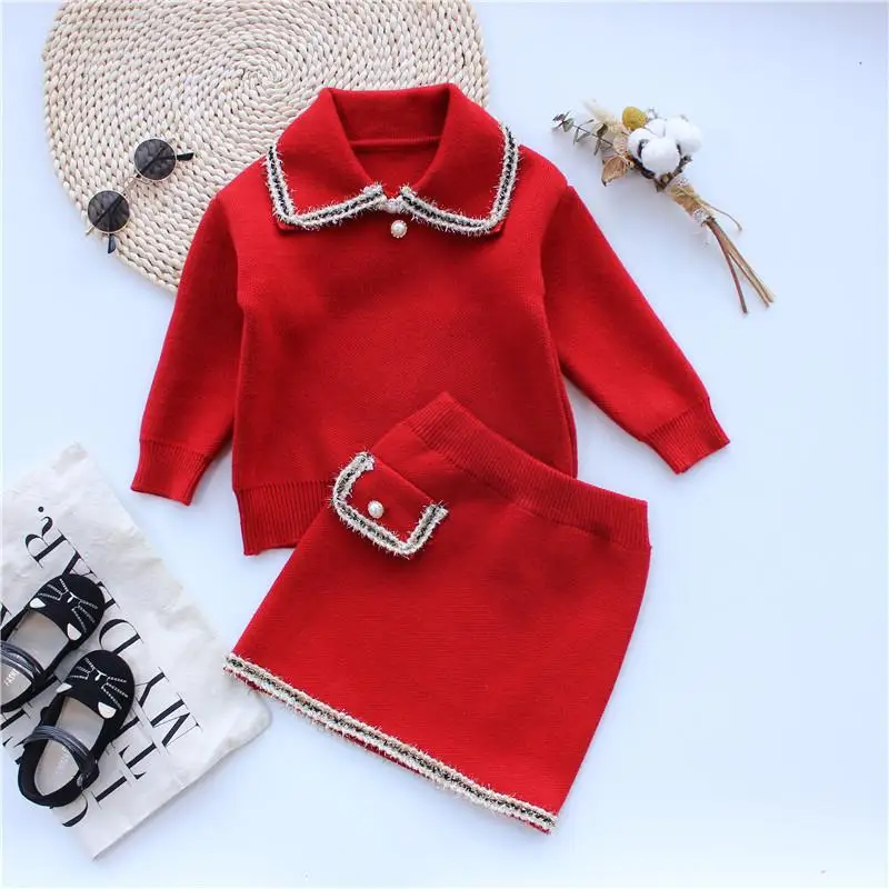 Весенний комплект одежды для девочек, От 2 до 7 лет свитер для маленьких девочек+ юбка, костюмы из 2 предметов, красные наряды принцессы, верхняя одежда - Цвет: Красный