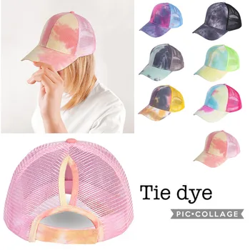 

2020 Tie-Dye Ponytail Baseball Cap Women Snapback Dad Hat Mesh Trucker Caps Messy Bun Summer Hat Female Adjustable Hip Hop Hats