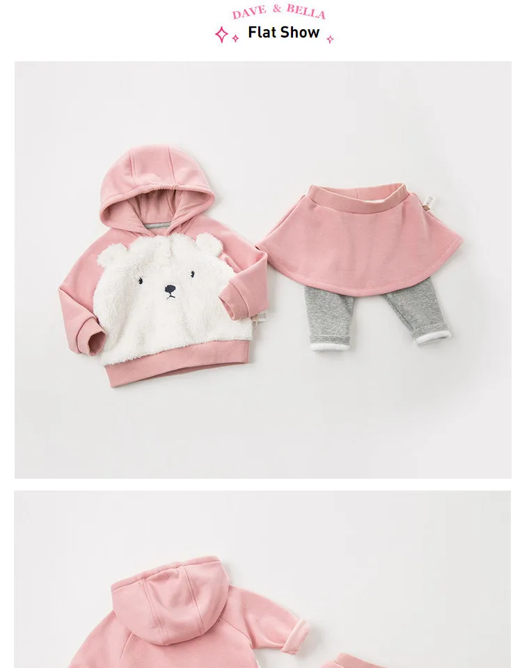 DB11805 dave bella/зимние модные комплекты одежды с капюшоном и рисунком медведя для маленьких девочек милые детские комплекты с длинными рукавами детский комплект из 2 предметов