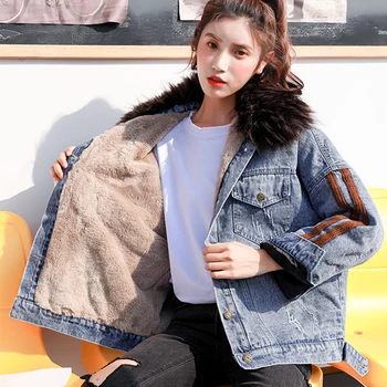 

Winter Fur Collar Cotton Liner Denim Jackets Women Vintage Warm Plus Size Jean Coats Streetwears Female Fashion Loose Outwears