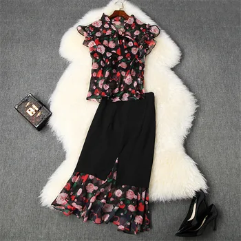 

2020 Summer Set for Women Fashion Designer Runway Suit Elegant Bow Collar Floral Print Chiffon Blouse and Skirt Matching Sets