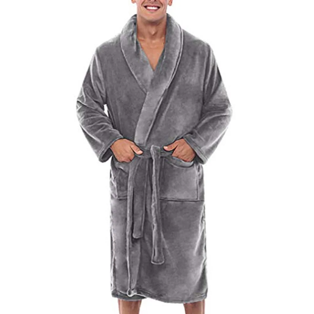 New Hot Mens Winter Warm Plush Lengthened Shawl Bathrobe Home Shower Clothes Long Robe Coat YAA99 - Цвет: B