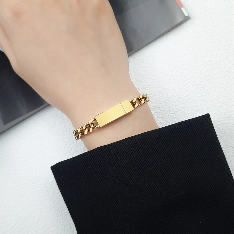 Vnox Minimalist Bracelet for Men Women Engrave Logo Name Glossy Stainless Steel Basic Miami Cuban Chain Wristband Clasp