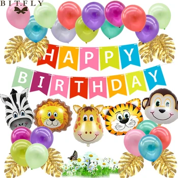 

Jungle Animal Birthday Party Decors Foil Balloons Kit Hawaii Palm Leaves Banner Kids Birthday Safari Party Forest Party Decor