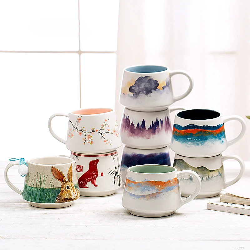 

350ML Creativity Chinese Ink Ceramic Mug Cute cartoon Applique rabbit cherry flower Water Cup Coffee Mug milk tea Cups Gift Box