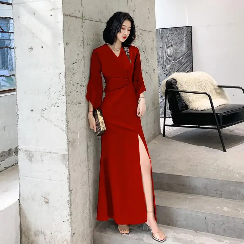 Элегантное Длинное Вечернее Платье, Qipao, сексуальное, черное, с высоким разрезом, Русалка, Cheongsam, изысканное, с рукавом-бабочкой, тонкое, Robe De Soiree - Цвет: Style 7 Red