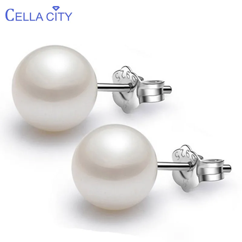 Cellacity Classic Round Shell Pearl Earrings for Women White Pink Silver 925 Jewelry Graceful Delicate Stud Earrings Party Gift