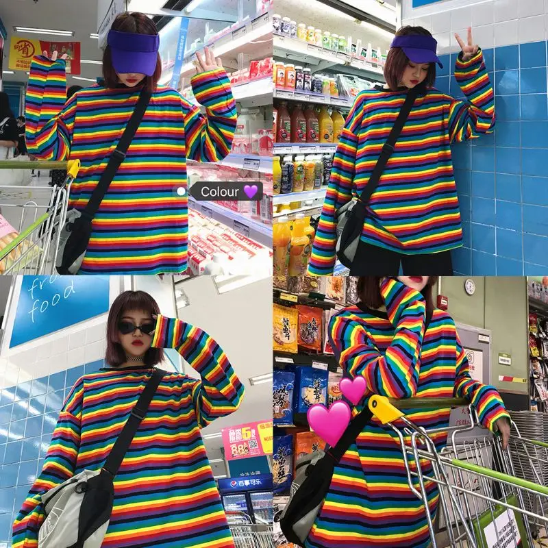 Harajuku/женская футболка в стиле панк с длинным рукавом для девочек, Радужный свитер в полоску, туника, топы, Повседневная Свободная уличная одежда в стиле хип-хоп