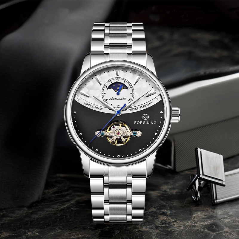 FORSINING Tourbillon водонепроницаемые механические мужские часы из нержавеющей стали с фазой Луны Автоматические наручные часы Relogio Masculino