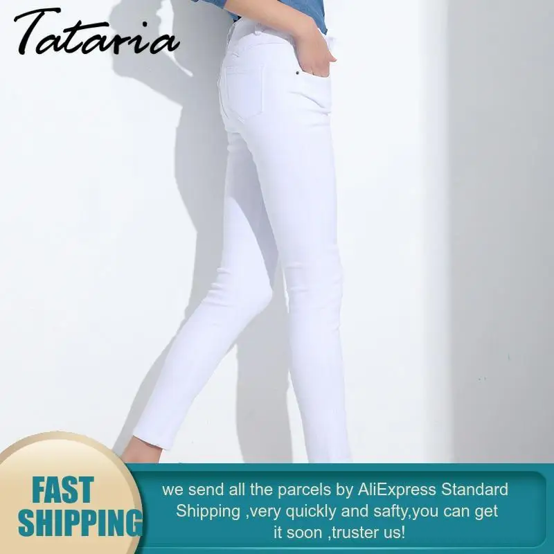 Белые джинсы для женщин узкие женские брюки карандаш с высокой талией брюки|pencil