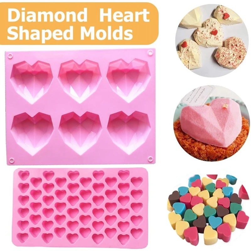 rosa 6-Cavity 3D Love Heart Diamond en forma de molde de silicona para hornear Moldes Mousse Pastelería Herramientas Bandeja hecha a mano Herramienta de bricolaje