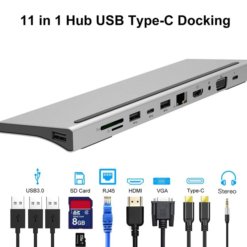 

11 In 1 Type-C HUB Portable Multifunction Type-C to USB-C USB3.0 RJ45 Gigabit + HDMI + VGA PD Converter Adapter for MacBook PC N