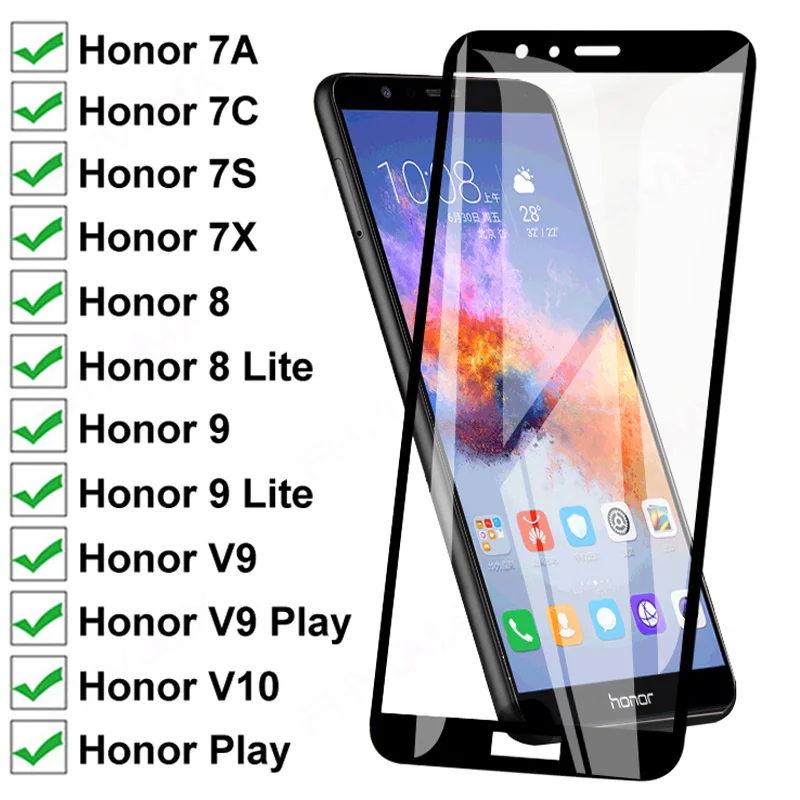 9D Full Cover Coated Glass For Huawei Honor 7X 7A 7S 7C V9 Play Screen Protector On 8 9 Lite View 10 V10 Protective Film | Мобильные
