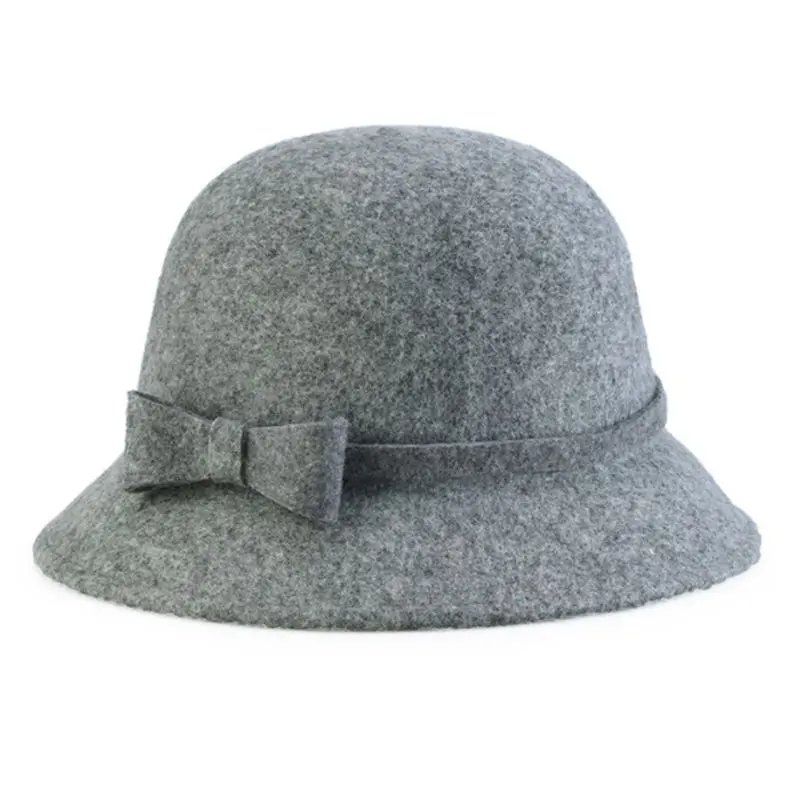 Womens 1920s Vintage Style Faux Wool Cloche Bowler Bucket Hat with Bow Accent