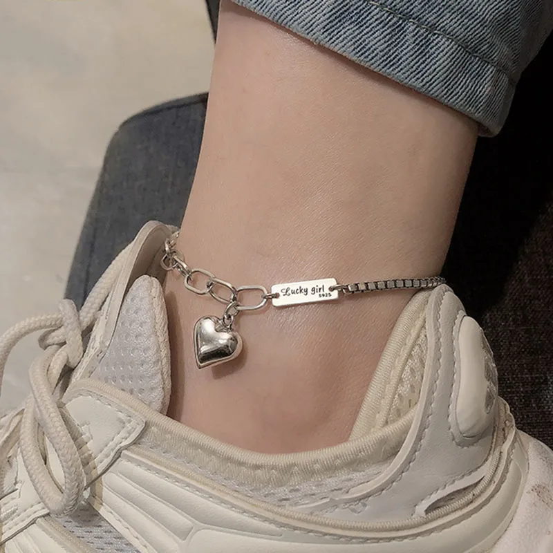 

New Fashion 925 Sterling Silver Summer Anklet Bracelet for Women Vintage Thai Silver LOVE Heart Pendant Party Jewelry