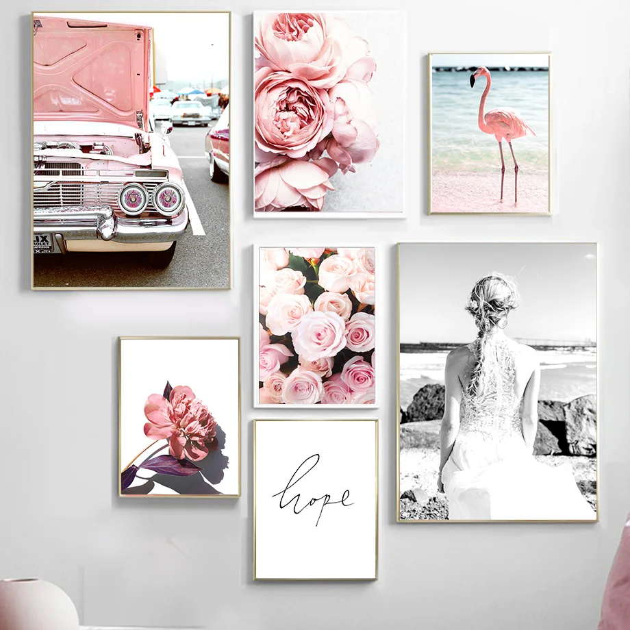 Pink-Rose-Flamingo-Flower-Vintage-Car-Wall-Art-Canvas-Painting-Nordic-Posters-And-Prints-Wall-Pictures (2)