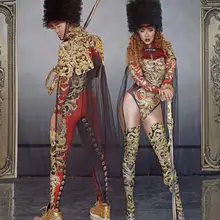 Мужская сексуальная Королевская военная форма, костюм с принтом, купальник для ночного клуба, Женский костюм для певицы, танцев, выпускного вечера, боди, комплект со шляпой