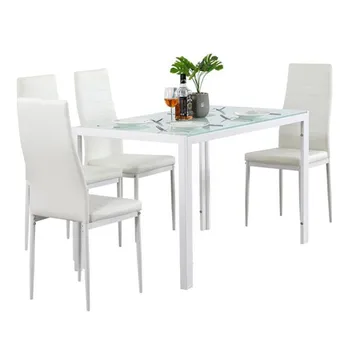 

5 Piece PU surface Dining Set GlassTable and 4 Leather Chair for Kitchen Dining White for home