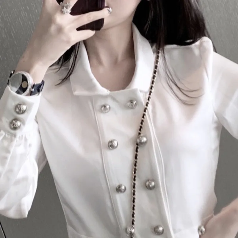 Fashion Solid Color Satin Lapel Long Sleeve Double-breasted Waist Pleated Woman Dress Simple Sweet Fashion Tide Autumn New TV221