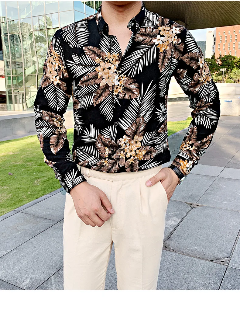 Description Picture 5 of itemNew Slim Brand Fit Casual Men's Social Shirts Dress Long Sleeve Night Club Prom Tuxedo Top Quality British Style Print Shirt Men