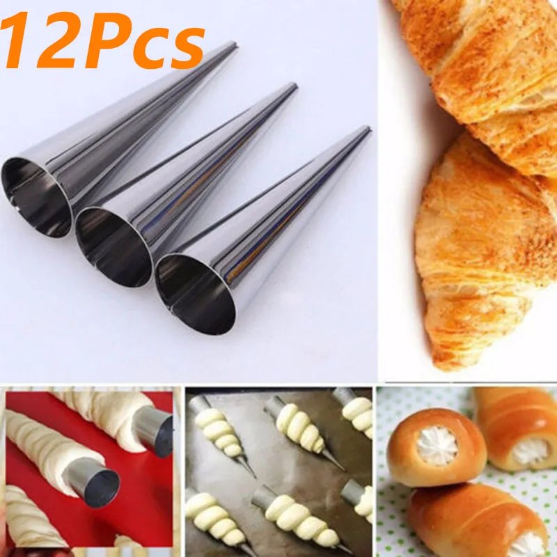 

12X Baking Cones Stainless Steel Spiral Croissant Tube Horn Bread Mold 2019 DIY Pastry Roll Cake Mold Bakeware reposteria