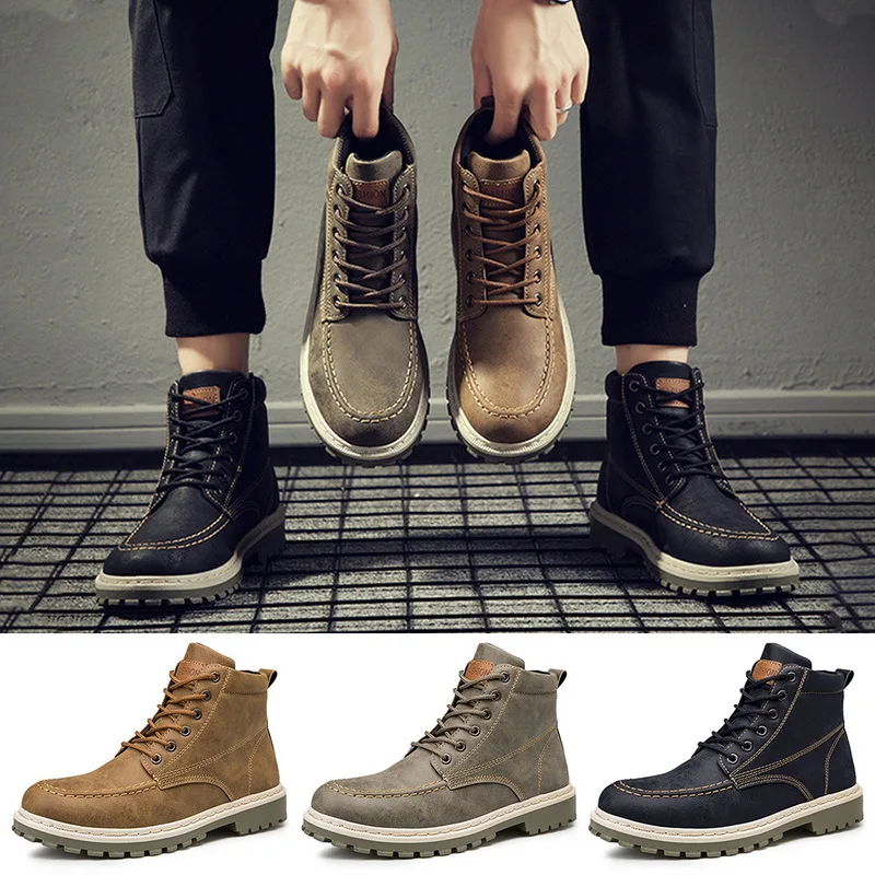 

Men Boots High Leather Causal Shoes Autumn Winter Retro Work Safety Tooling Boots Platform Footwear Waterproof Anti-skid Design