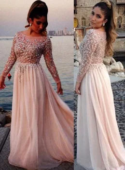 

Evening Dress Chiffon Elegant Column Bateau Neck Long Sleeves Sweep Train with Sparkly Beaded Formal Prom Dress Party Gown