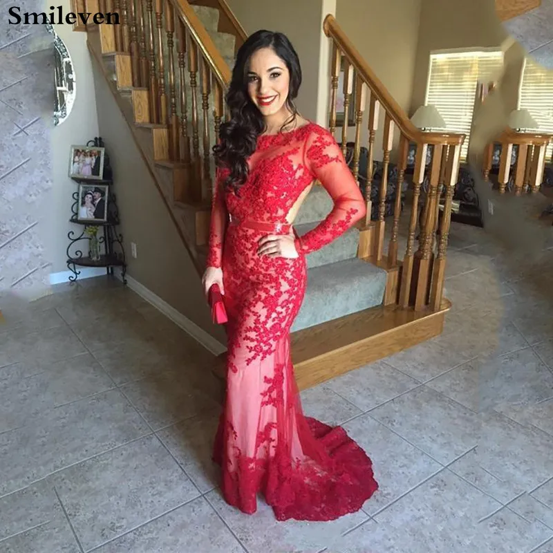 

Smileven Red Lace Evening Dresses Long Sleeve Mermaid Formal Party Gown robe de soiree Big Evening Prom Dress Open Back