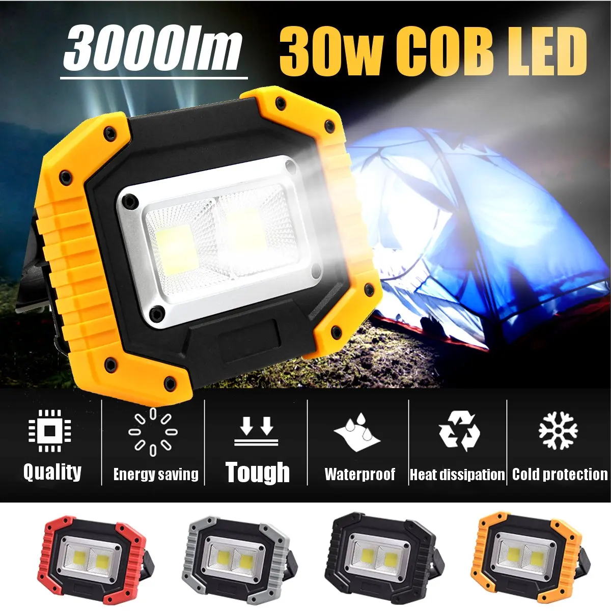 Skup 2 COB 30W 3000LM akumulator LED Flood światła przenośny wodoodporny IP65 dla sportu na świeżym powietrzu Camping piesze wycieczki awaryjne do naprawy samochodu