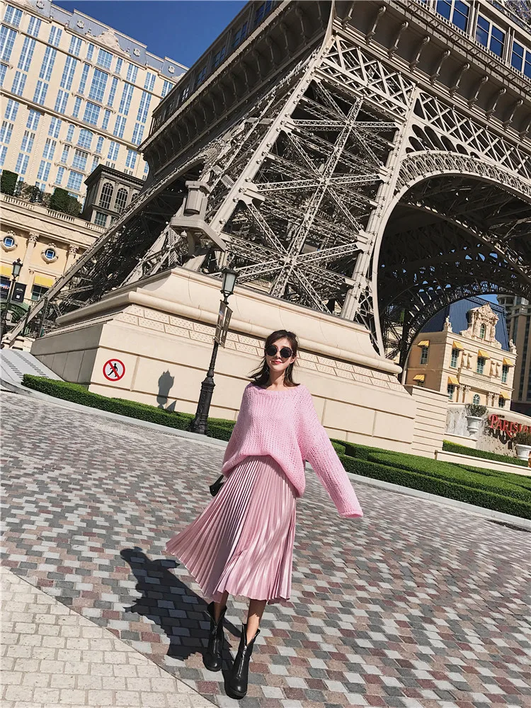 Ulzzang qiu dong han edition, Длинные атласные юбки цвета металлик, плиссированные юбки
