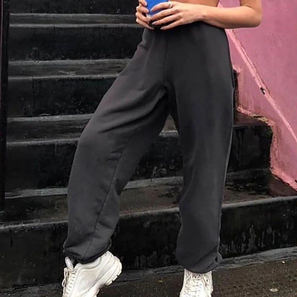 

Pants Women Soild Balck Trousers Casual Sports Elastic High Waisted Pants Loose Overalls Pockets Cargo Long Pants Pantalon Femme