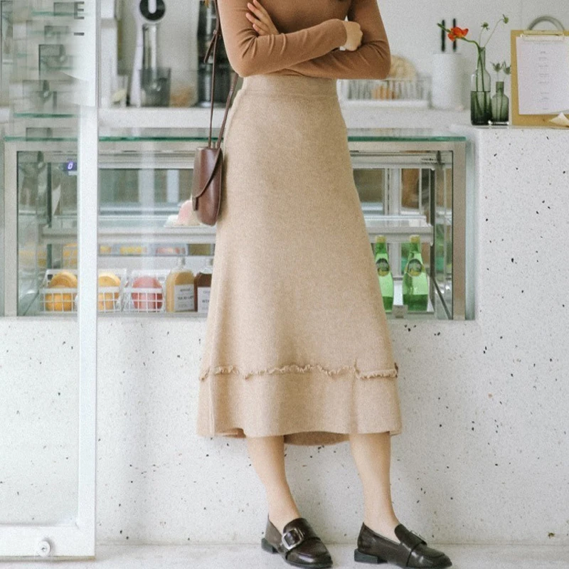 Черные, абрикосовые длинные трикотажные юбки женские модные повседневные трикотажные зимние юбки женские макси юбки-пачки с высокой талией jupe falda