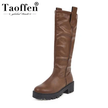 

Taoffen Size 34-46 Women Thick Bottom Winter Warm Motorcycle Boots Round Toe Classics Knee High Boots Leisure Daily Shoes Woman