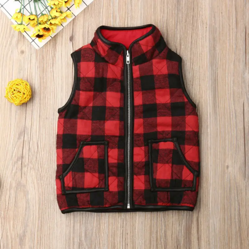Baby Autumn Winter Clothing Toddler Kids Baby Girl Plaid Vest Outwear Zipper Coat Waistcoat Warm Jacket Pocket Tops 1-6T