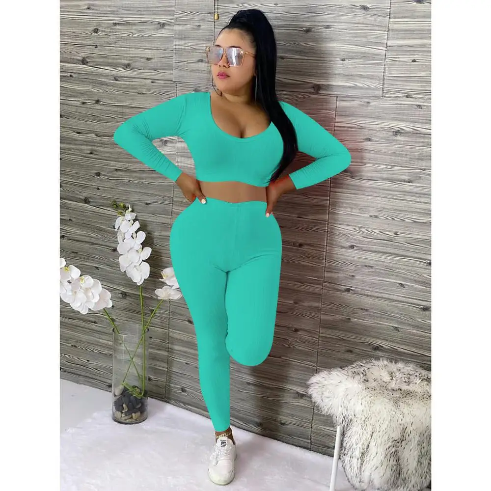 

2020 New Fall Knitted 2 Pieces Set Women Ribbed Pullovers Sweater Crop Tops Long Pants Bodycon Big Lady 2PCS Suits Sets Plus Siz