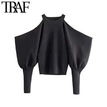 

TRAF Women Vintage Sexy Cold Shoulders Cropped Knitted Sweater Fashion Halter Neck Larten Sleeve Female Pullovers Chic Tops