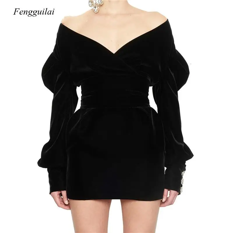 

Sexy Party Dress for Women Off Shoulder V Neck Puff Sleeve High Waist Dresses Female 2021 Autumn Fashion New