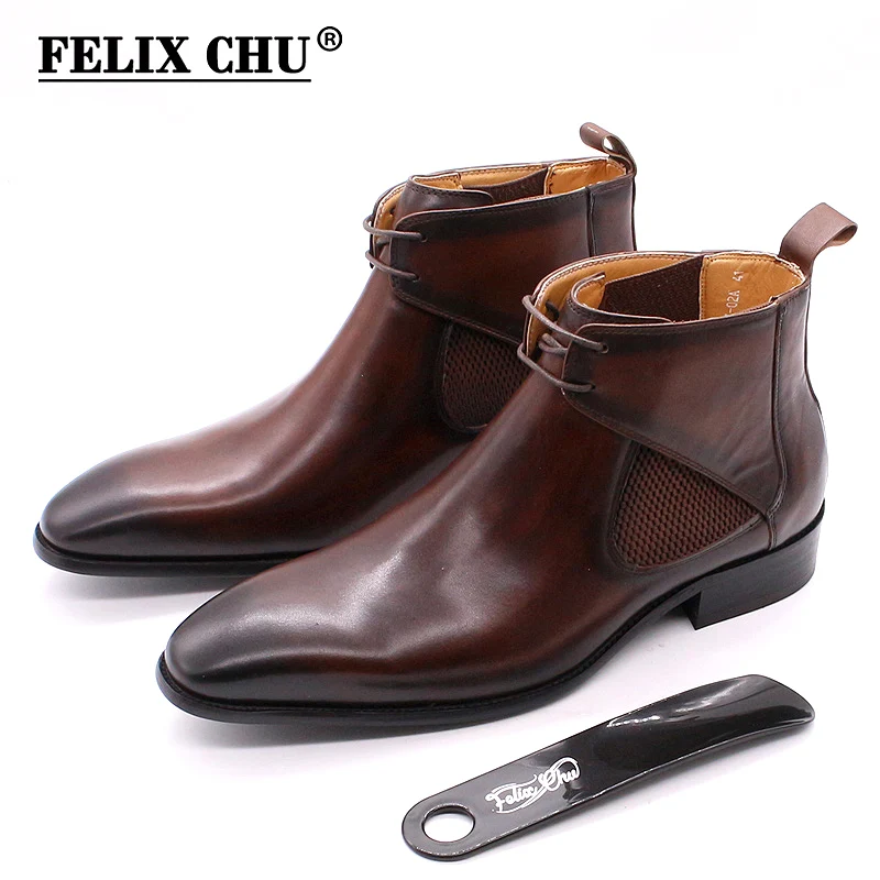 

Luxury mens leather boots square plain toe genuine leather chelsea boots brown dress Shoes handmade lace up ankle boots for men
