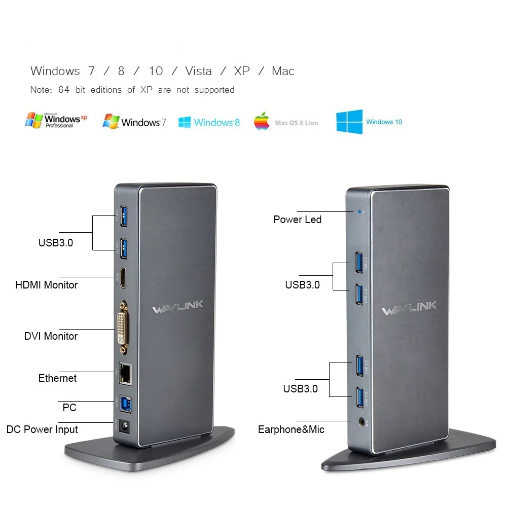 Универсальная док-станция Wavlink USB 3,0 для ноутбука, алюминиевый сплав, Двойной видео HDMI DVI Gigabit Ethernet, расширенный/зеркальный режим видео - изображение