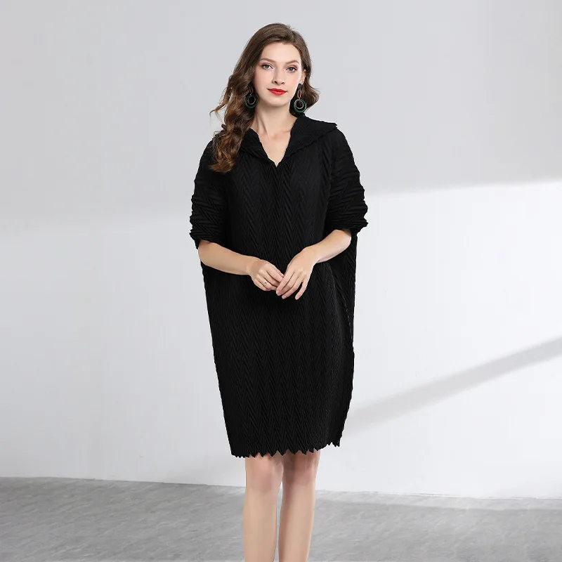 Issey плиссированное платье Miyake, свободные летние платья длиной до колена, высокое качество, v-образный вырез, однотонный, большие размеры для женщин, 100 кг, новая мода