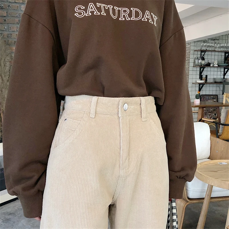 BGTEEVER Vintage High Waist Straight Pants Women Casual Winter Corduroy Pants Female Wide Leg Trousers Women pantalon femme