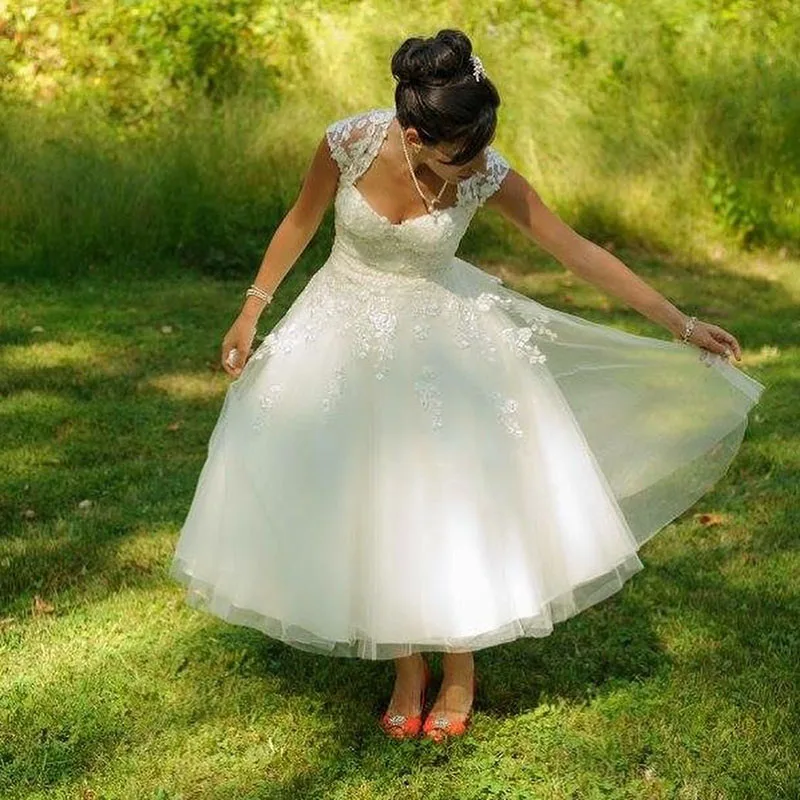 Винтажное платье большого размера, короткое ТРАПЕЦИЕВИДНОЕ фатиновое винтажное свадебное платье, кружевное платье с рукавами-крылышками, свадебное платье для сада, Vestido de Noiva