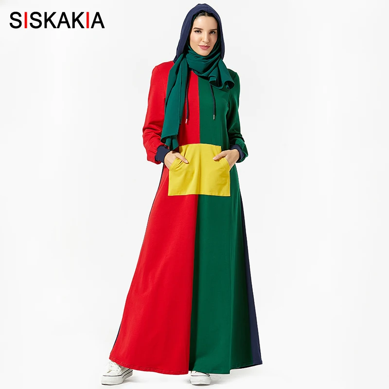 Siskakia/платье с капюшоном, зима, модное, спортивное, макарон, цвет блока, макси, платья размера плюс, на завязках, с большим карманом, с капюшоном, цветное