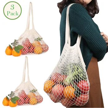 

3 Pack Reusable Mesh Bag Washable Cotton Net Grocery Shopping Tote Bags Mesh Long Handle Bag Organizer for Fruit Vegetable