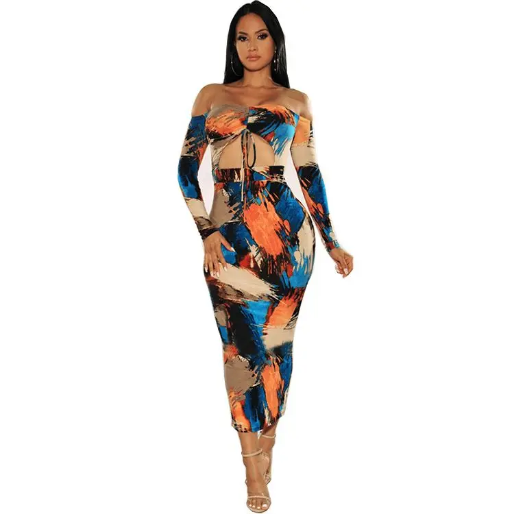 

2020 New stylish off the shoulder long sleeve hollow out print bodycon Evening Casual Dresses club dress Women clothes