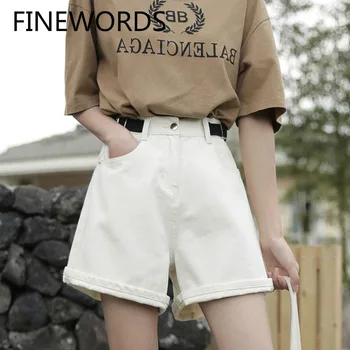 

FINEWORDS Vintage Casual Korean Shorts Jeans Hot Pants Summer Beige Harajuku Denim Shorts Basic Loose Pantalones Cortos Mujer