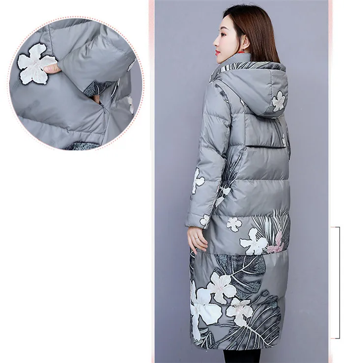 Women warm cotton jacket small fresh long cotton print coat with hood winter jacket womens slim long sleeve parka Overcoat G83