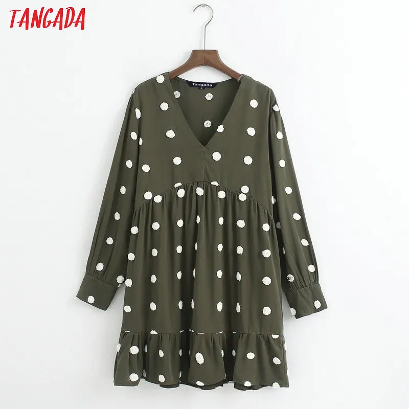 

Tangada fashion women green dots embroidery dress v neck Long Sleeve Ladies Loose mini Dress Vestidos 6Z12