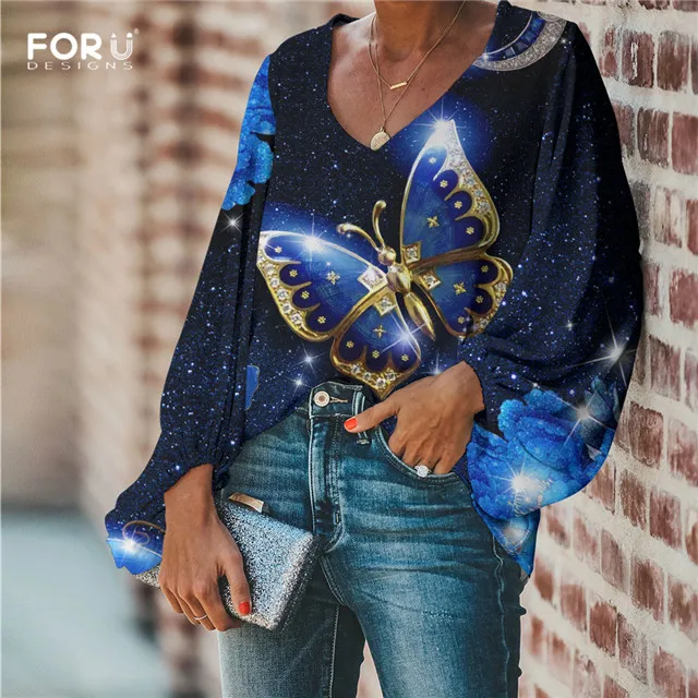 FORUDESIGNS/Женские блузки с бабочками для отдыха, свободная весенняя одежда, длинные рукава, синий цветок, шифоновые топы для девочек, блузка с глубоким v-образным вырезом - Цвет: HME713B2